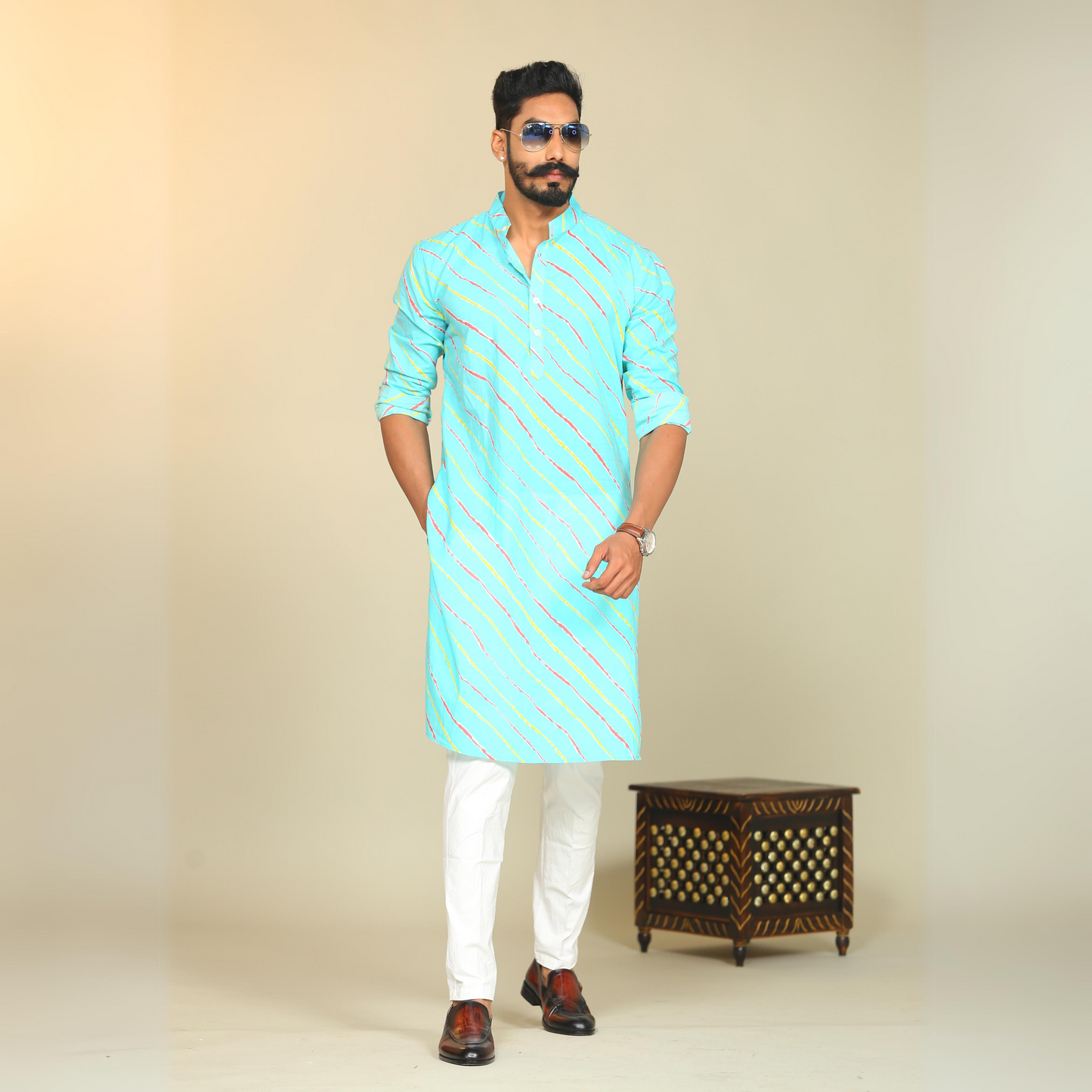 Leheriya Sanganeri  Printed Light Green Cotton Kurta Pajama