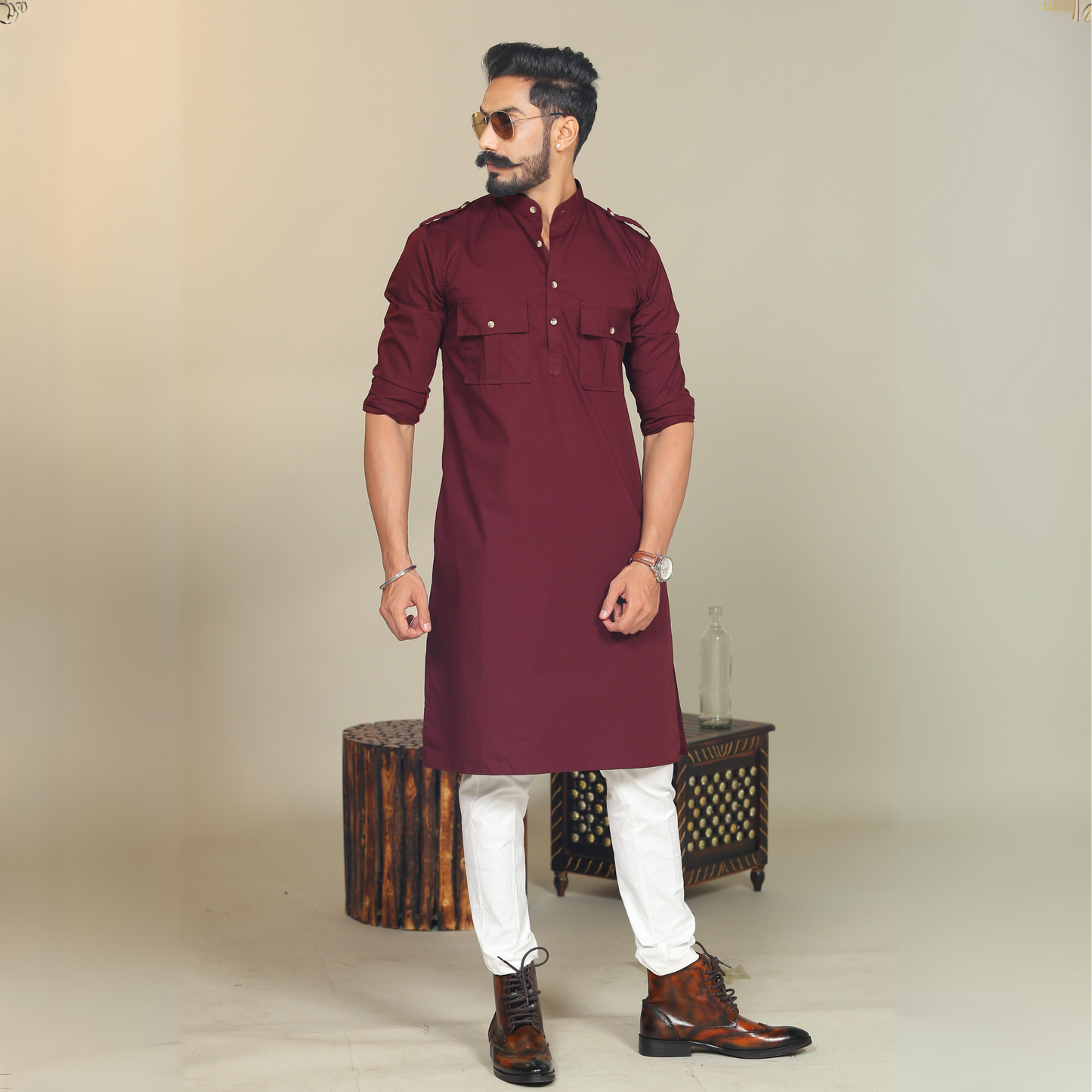 Maroon Short Collared Hunting Style Kurta