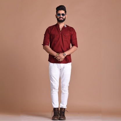Red Color Pure Cotton Fabric Hunting Style Short Kurta
