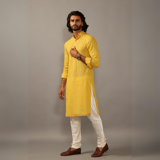 Self Design Daffodil Yellow Cotton Kurta Pajama with Banarasi Details