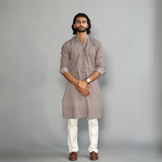 Tawny Brown Sanganeri Scales Print Kurta With White Pyjama