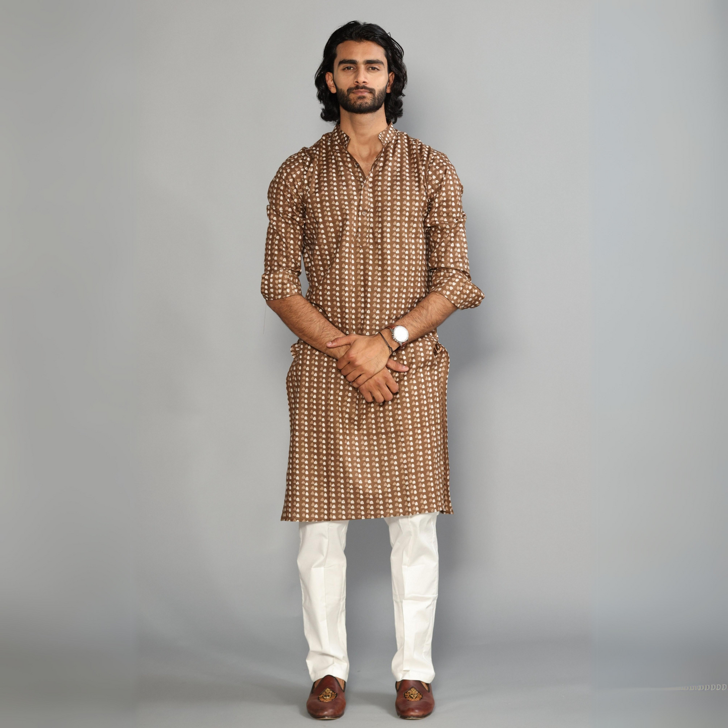 Walnut Brown Sanganeri Printed Kurta With White Pyjama