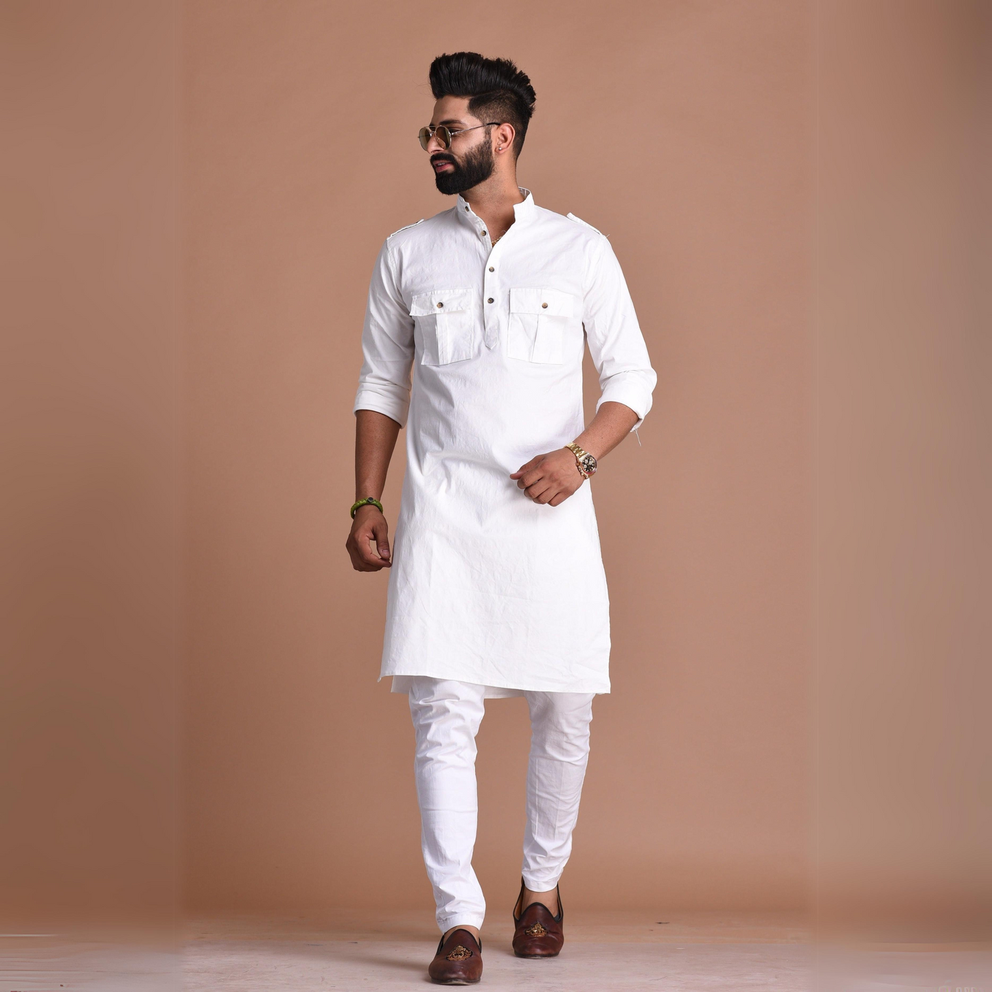 White Short Collared Hunting Style Kurta only