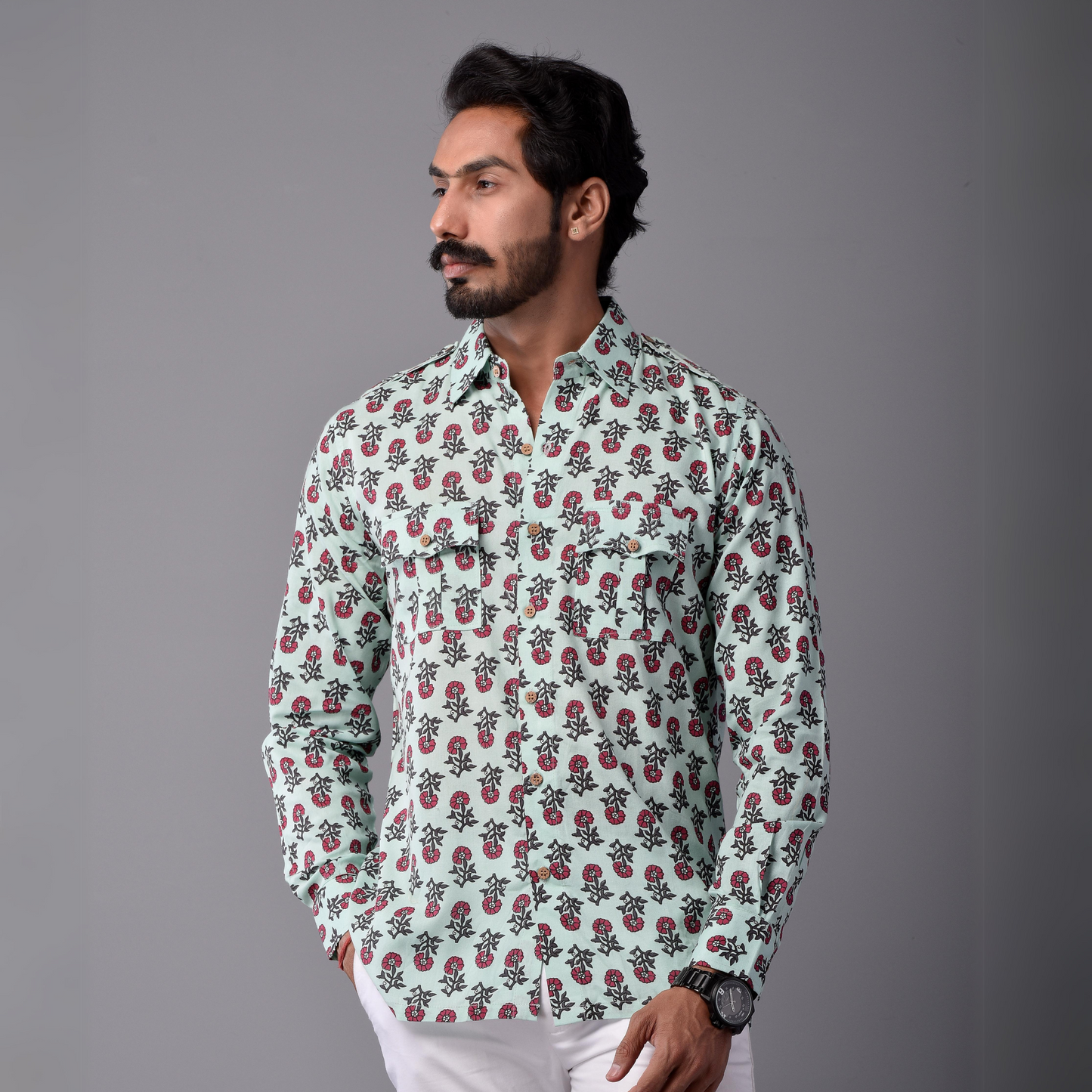 Sanganeri Light Green Hunting Styled Printed Shirt