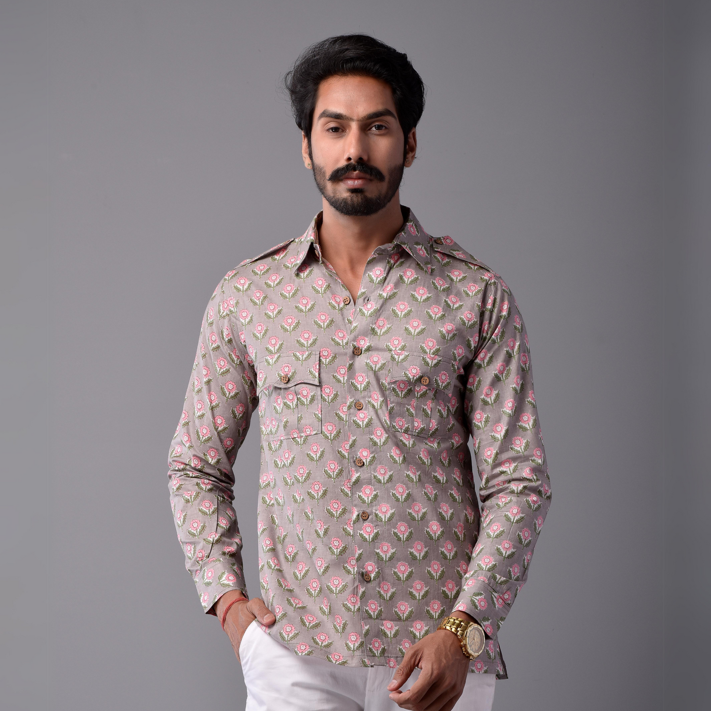 Sanganeri Thunder Grey Hunting Styled Printed Shirt