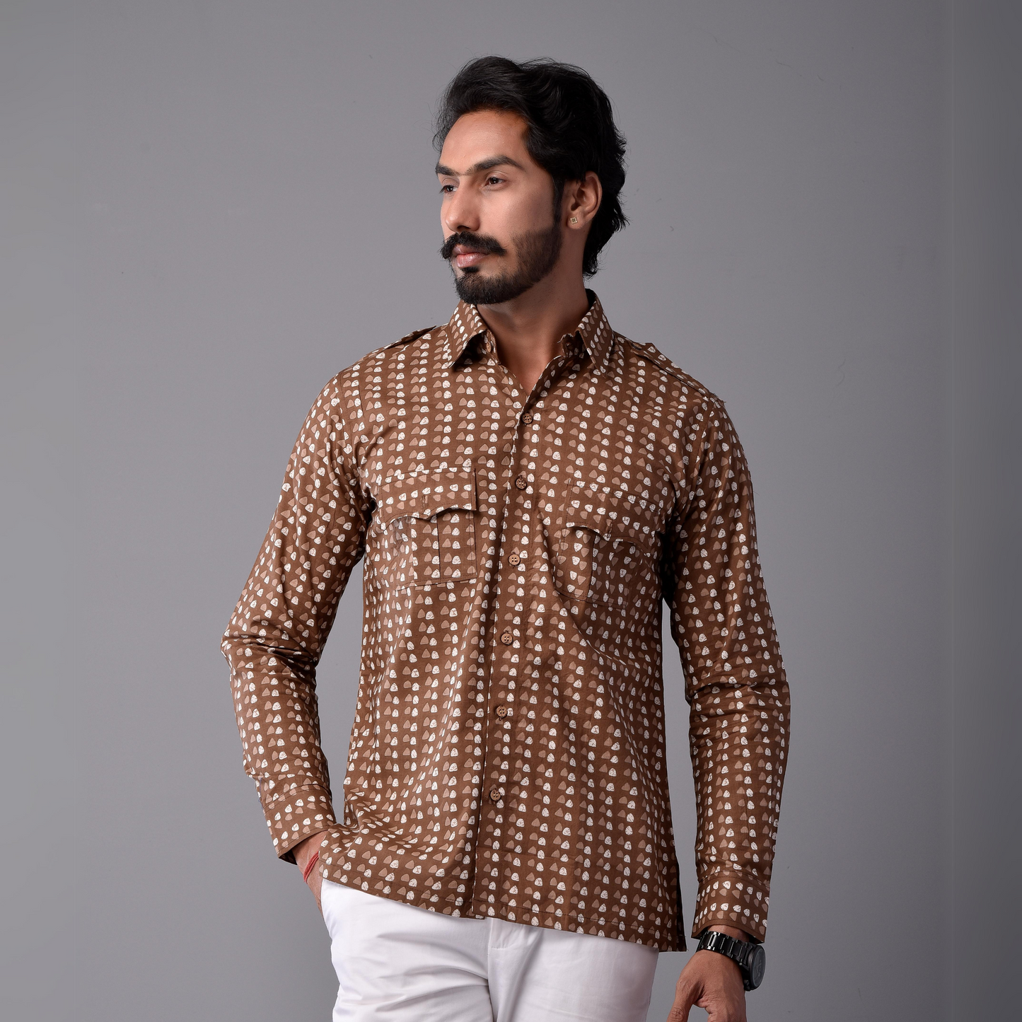 Sanganeri Walnut Brown Hunting Styled Printed Shirt