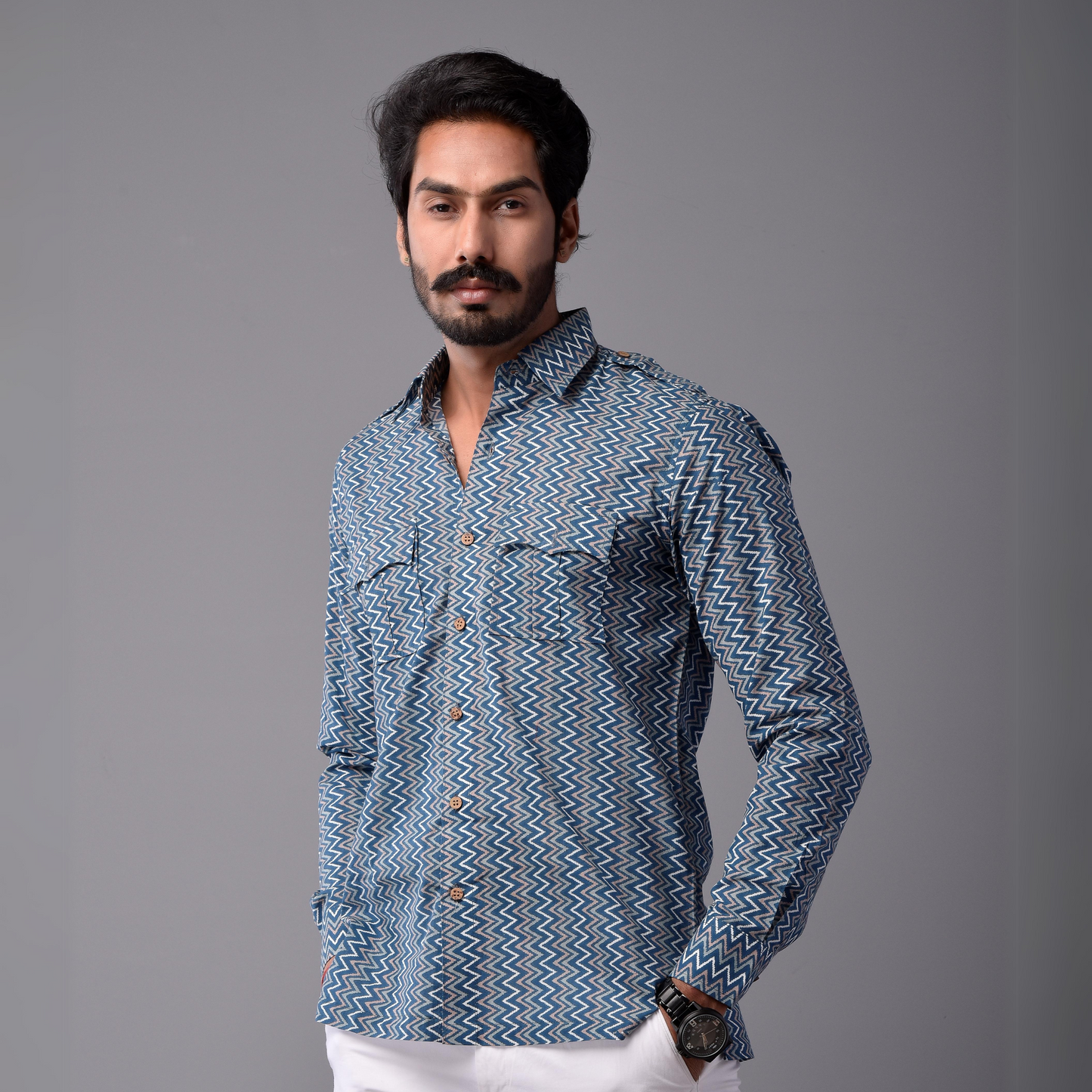 Sanganeri Steel Blue Hunting Styled Printed Shirt