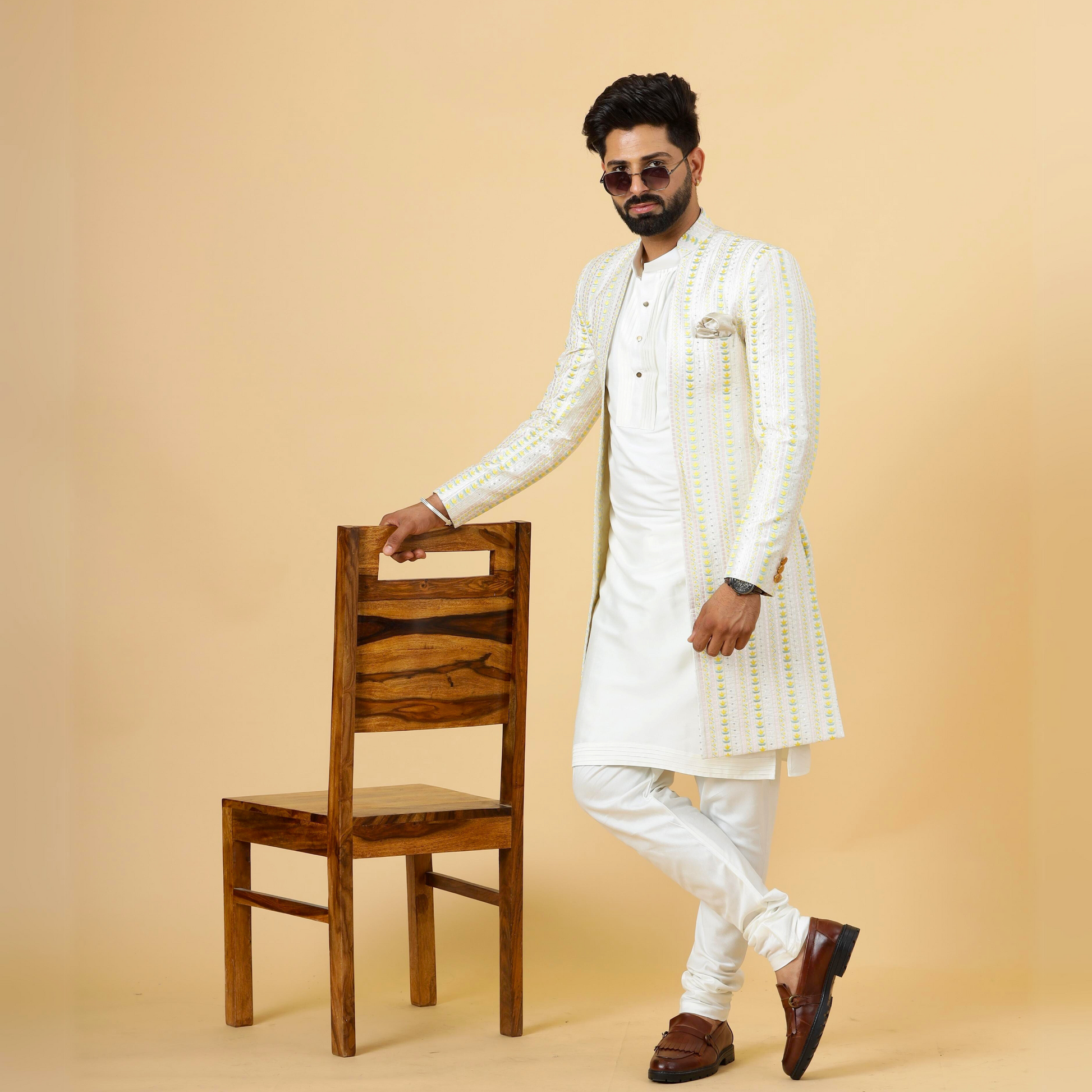Alluring Pastel Thread Embroidered Off-White Open Sherwani with Off-White Kurta Pajama for Men Father Son Combo |Off-White Sherwani Perfect for