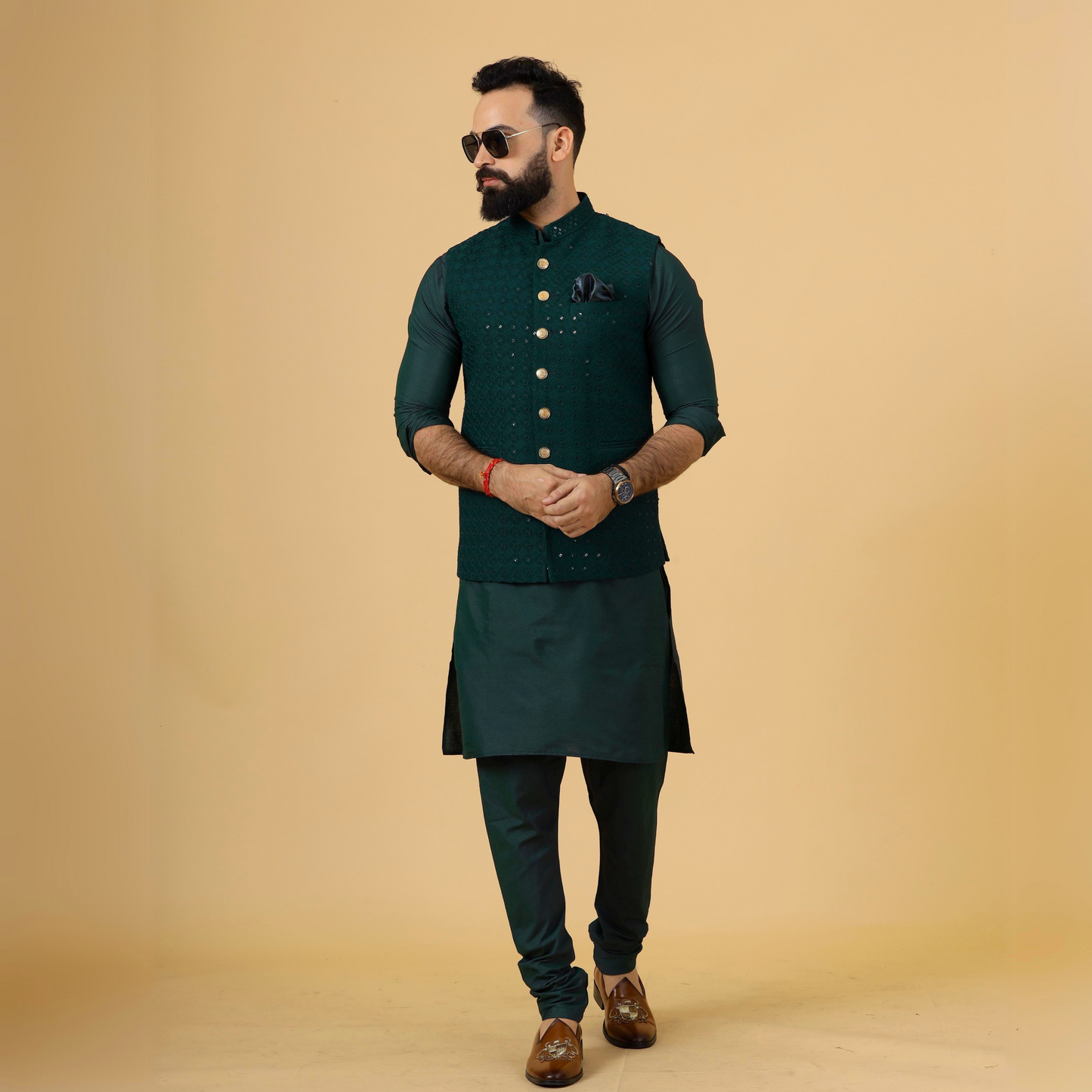 Classy Dark Green Chikankari Half Jodhpuri Jacket with Dark Green Kurta-Pajama for Men