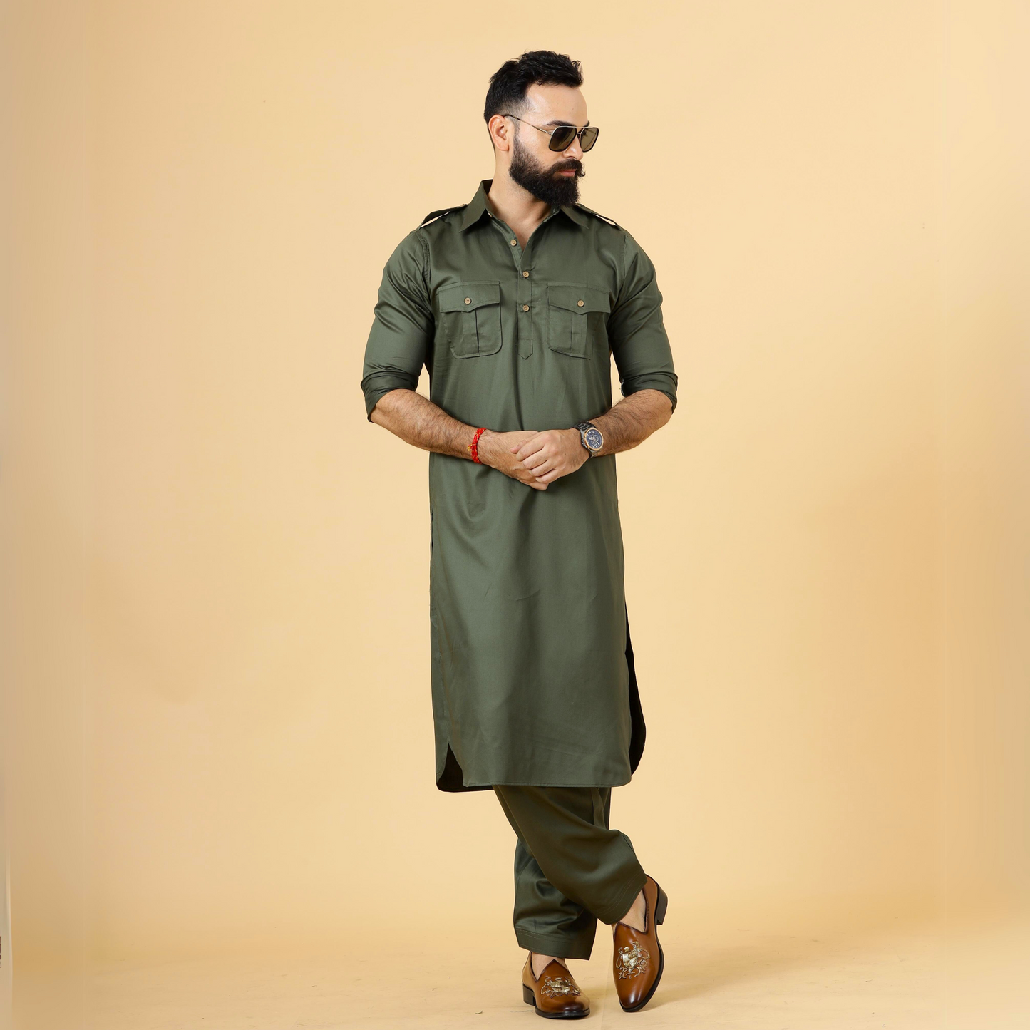 Classy Olive Green Pathani Kurta-Salwar Set