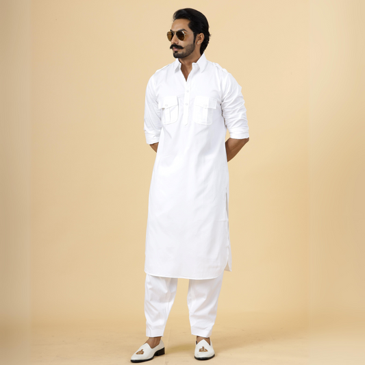 Classy White Pathani Kurta-Salwar Set