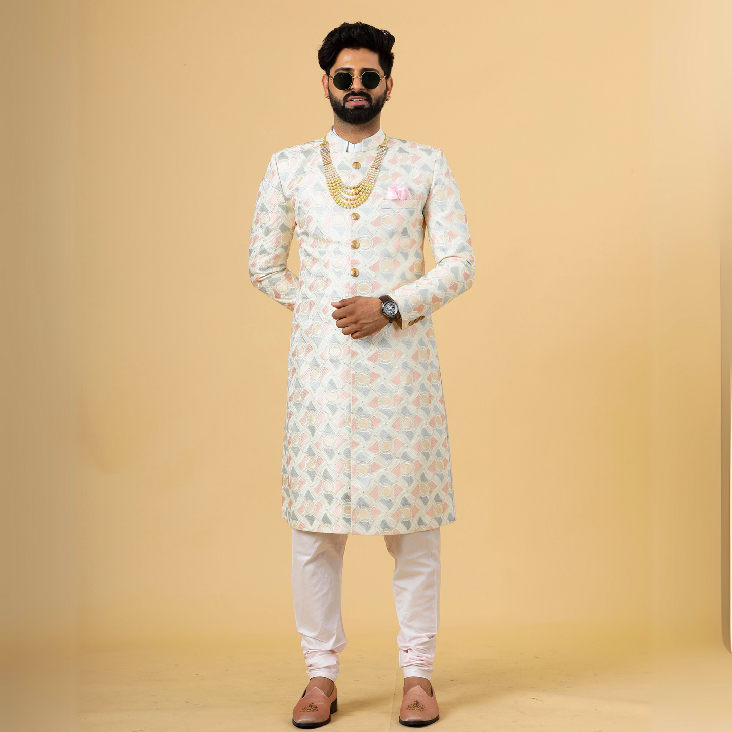 Regal Ivory Abstract thread Embroidered Sherwani for Men | Father Son Combo | Perfect Groom Wear