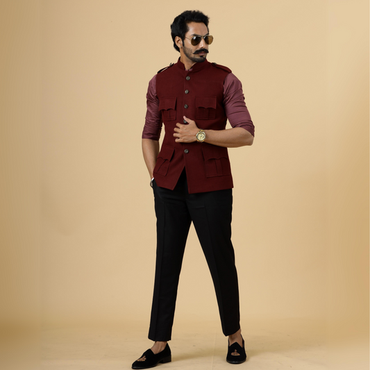 Maroon Tweed Semi-Hunting Rajputana Jacket