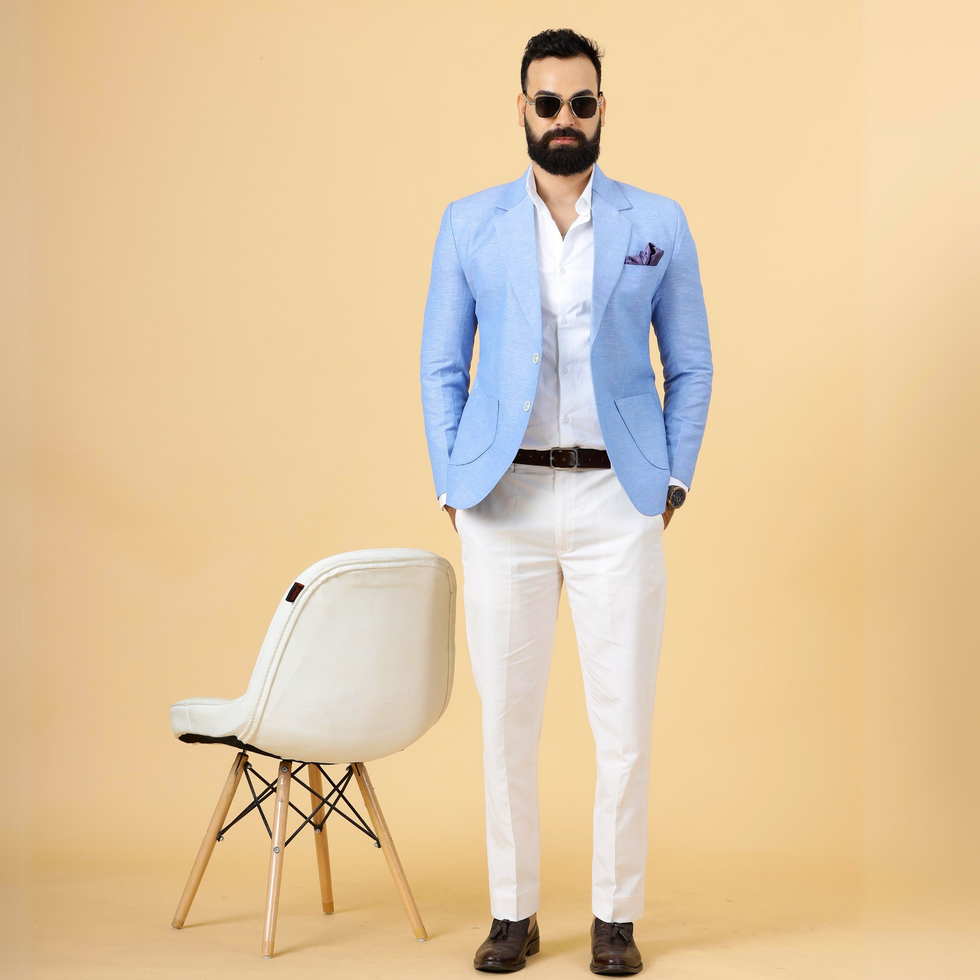Classy Azure Blue Linen 2-Piece Suit for Men White Trouser S