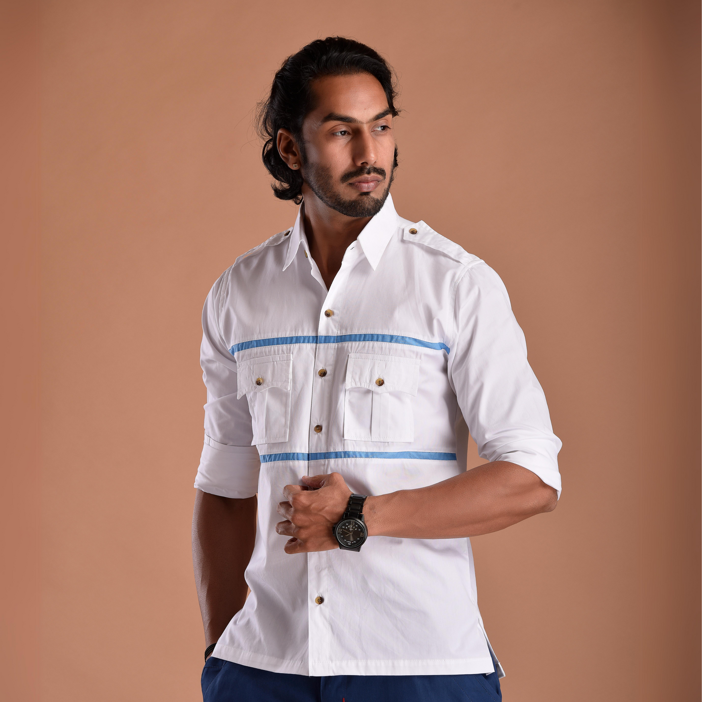 Stylish White Hunting Shirt with Blue Strip