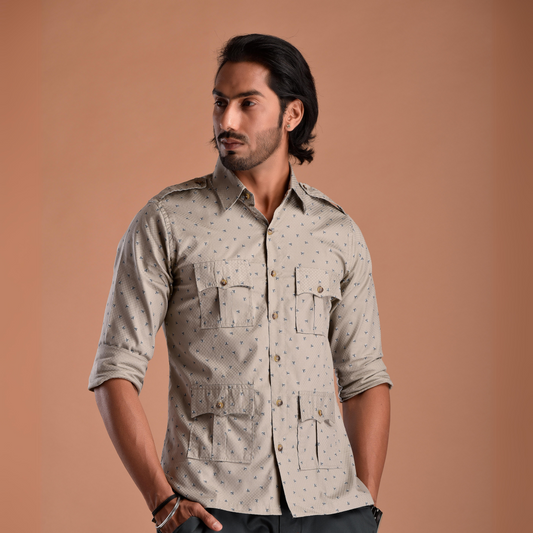 Green Tint Hunting Style Cotton printed Shirt