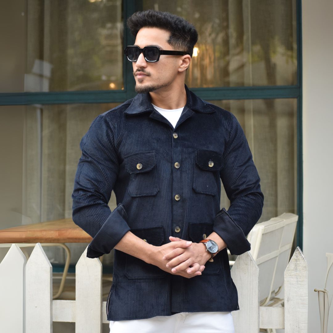 Navy Blue Corduroy Hunting Shacket for Men – Rajanyas