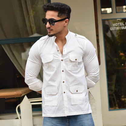 White Cotton Hunting Style Shirt with Multicolor Dots