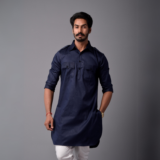 Navy Blue Short Hunting Style Kurta-Pajama Set