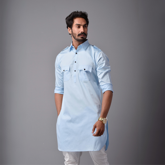 Sky Blue Short Hunting Style Kurta-Pajama set