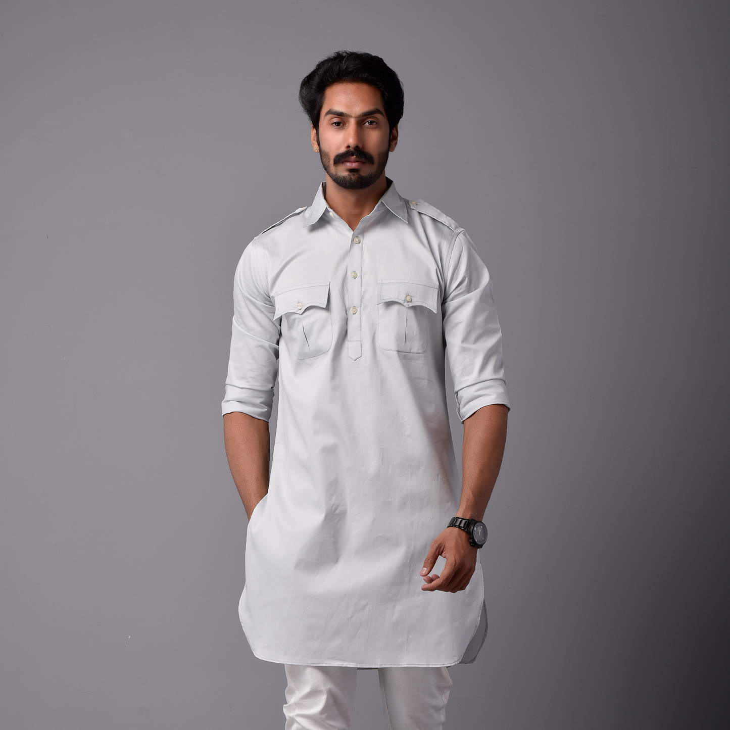 Ice Blue Short Hunting Style Kurta-Pajama Set