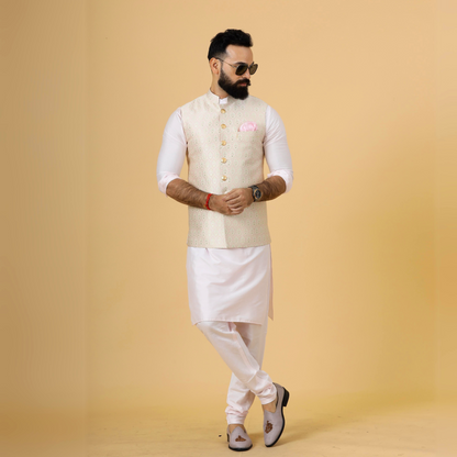 Alluring Beige Brocade silk Half Jodhpuri Jacket with Soft Pink Kurta-Pajama for Men