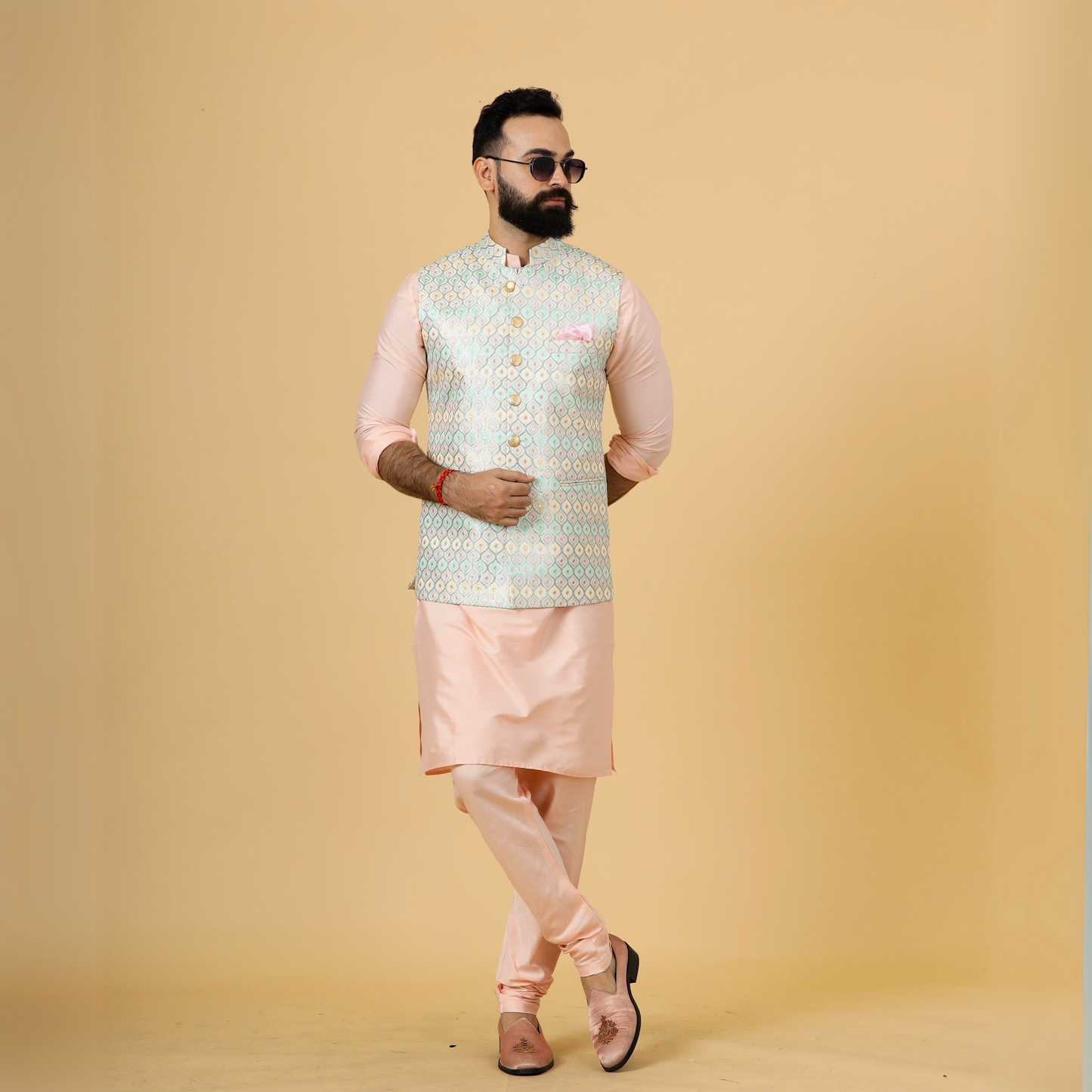 Classy Ivory Thread Embroidered Silk Half Jodhpuri Jacket with Peach Kurta-Pajama for Men