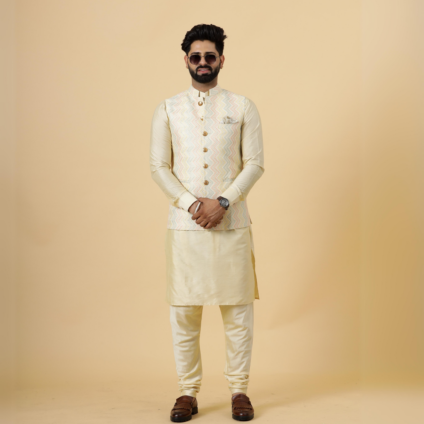 Alluring Cream Zigzag Pattern Embroidered Silk Half Jodhpuri Jacket with Cream Kurta-Pajama for Men