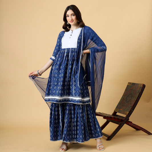 Elegant Navy-Blue Block Printed Sanganeri Kurti-Sharara Set | Functional Wear | Navy-Blue | Block Print |