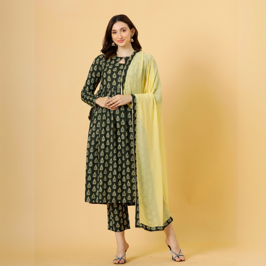 Elegant Pine Green Block Printed Sanganeri Kurti-Palazzo Set