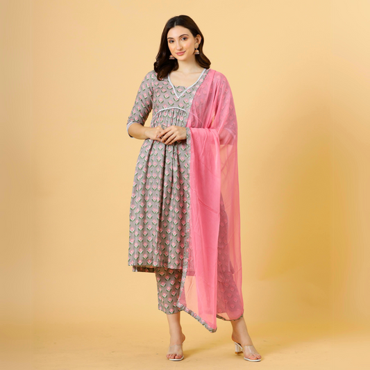 Elegant Neutral Grey Block Printed Sanganeri Kurti-Palazzo Set