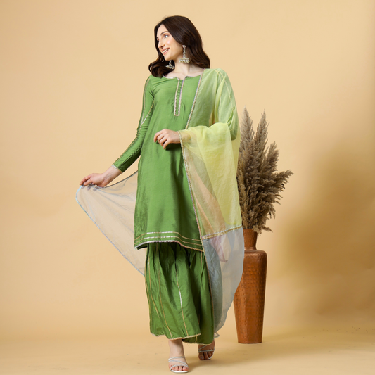 Stylish Green Kurti-Sharara Set paired with Multicolor Organza dupatta