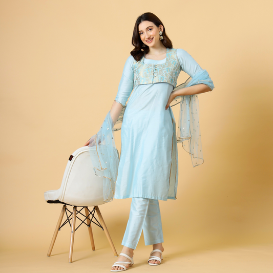 Classic Sky Blue Kurti-Palazzo Set paired with Floral Brocade Silk Jacket