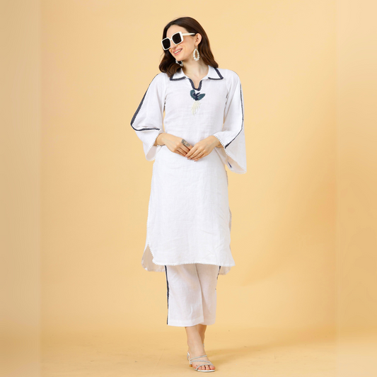 Classy Linen White Co-Ord Set with Embroidery details