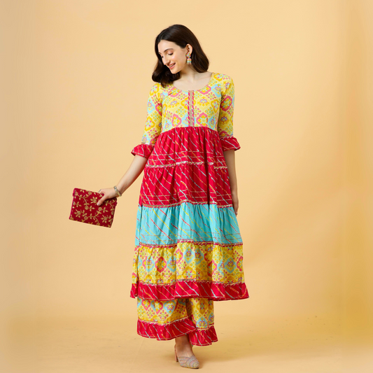 Stylish Multicolor Sanganeri Frock Kurti-Palazzo Set