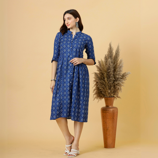 Classy Navy-Blue Sanganeri Block Printed Dress