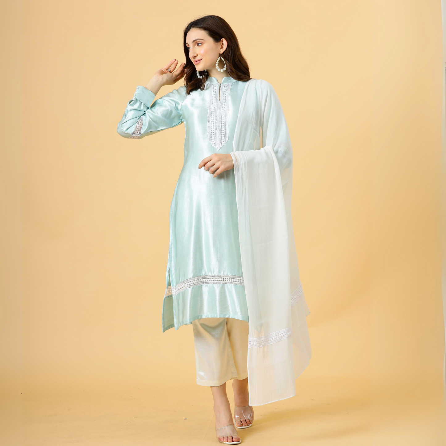Alluring Sky Blue Silk Kurti-Palazzo Set