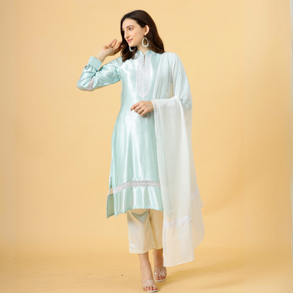Alluring Sky Blue Silk Kurti-Palazzo Set
