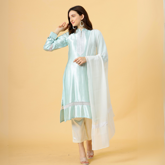 Alluring Sky Blue Silk Kurti-Palazzo Set