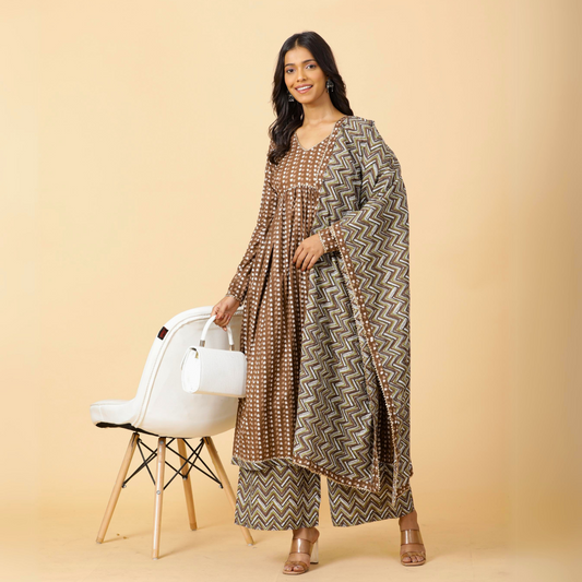 Elegant Cedar Brown Printed Sanganeri Kurti-Palazzo Set