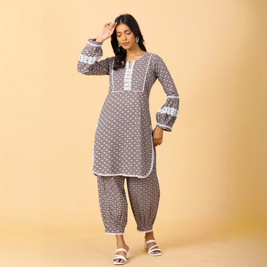 Classy Tawny Brown Sanganeri Printed Co-Ord Set with White Lace work