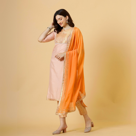 Stunning Peach Silk Straight Kurti with Brocade silk pants