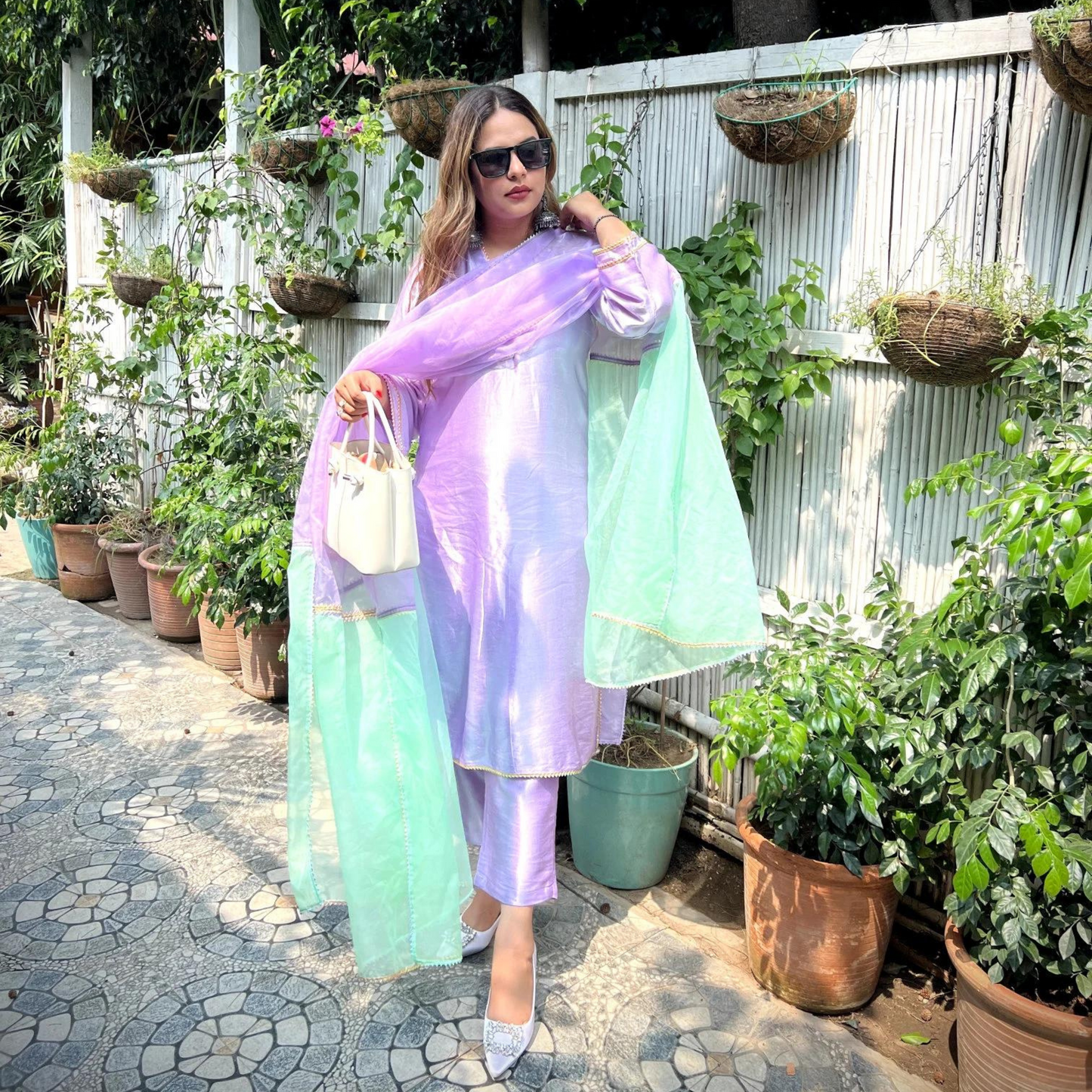 Alluring Lavender Silk Kurti-Palazzo paired with Dual color organza dupatta