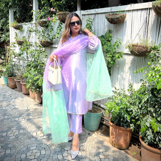 Alluring Lavender Silk Kurti-Palazzo paired with Dual color organza dupatta