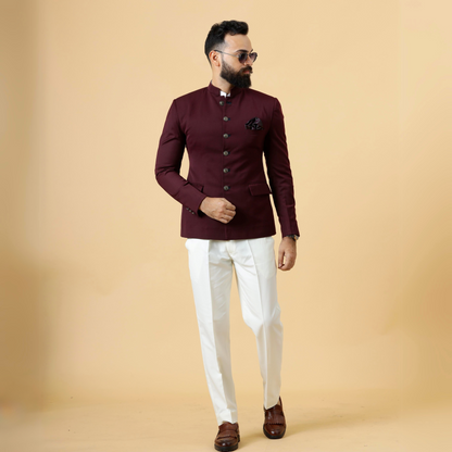 Exclusive Wine Jodhpuri Bandhgala with White Trouser| Terry Rayon | Perfect for Cocktail party , Funtional wear, Festive  wear|