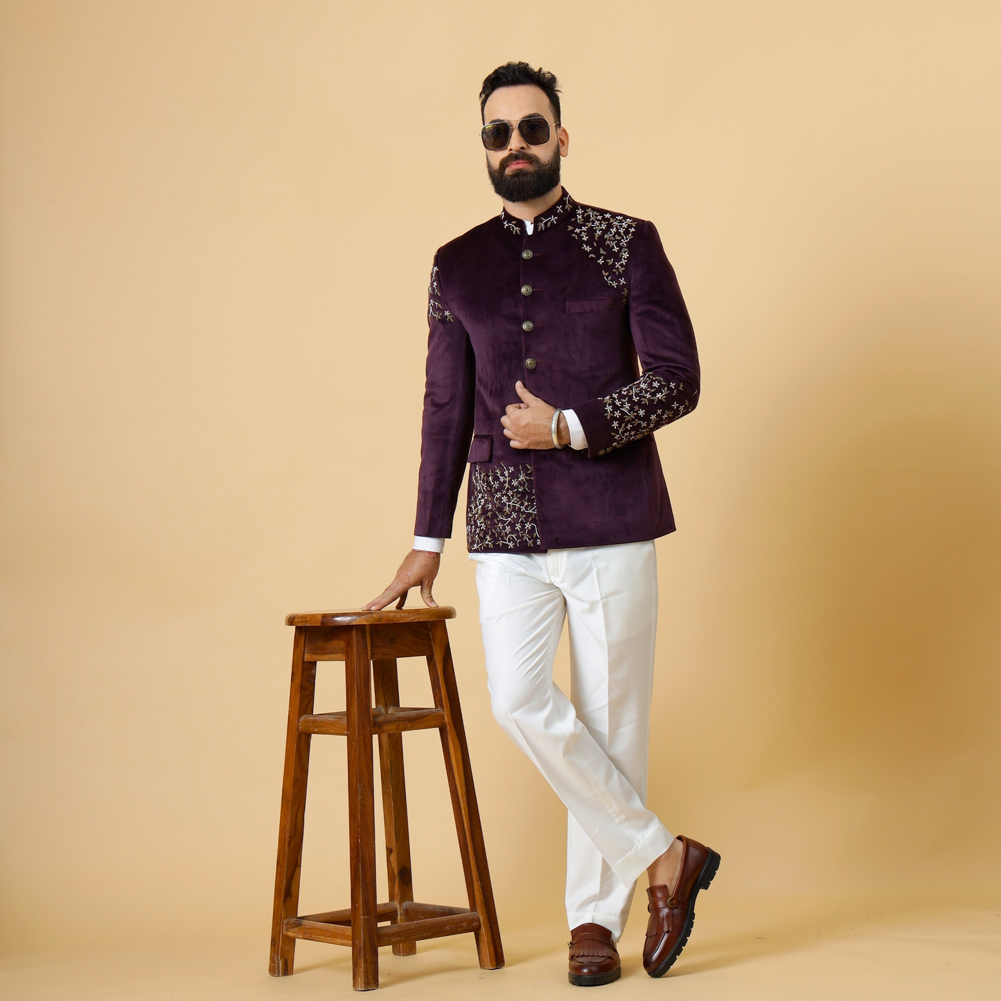 Hand Embroidered Mulberry Velvet Maharaja Jodhpuri Bandhgala Jacket with White Trouser Handmade Stonework Buttons