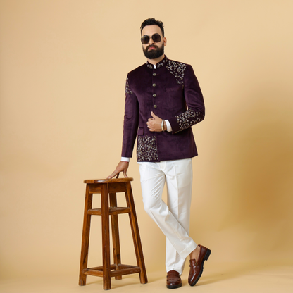 Hand Embroidered Mulberry Velvet Maharaja Jodhpuri Bandhgala Jacket with White Trouser