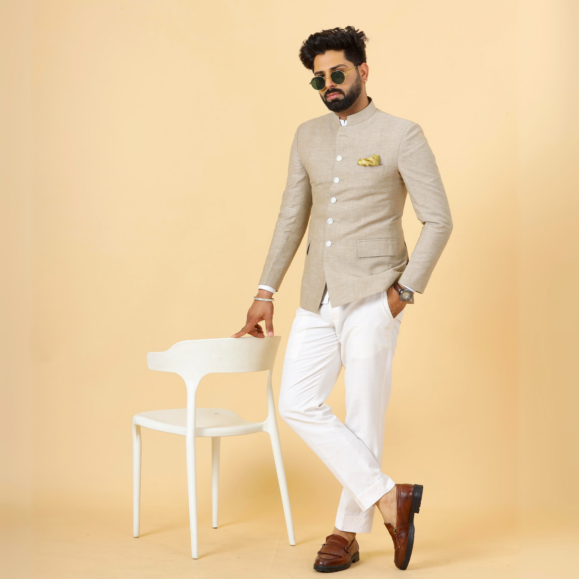 Bespoke Camel Brown Linen Jodhpuri Bandhgala Suit For Men White Trouser My Personal Fit XS