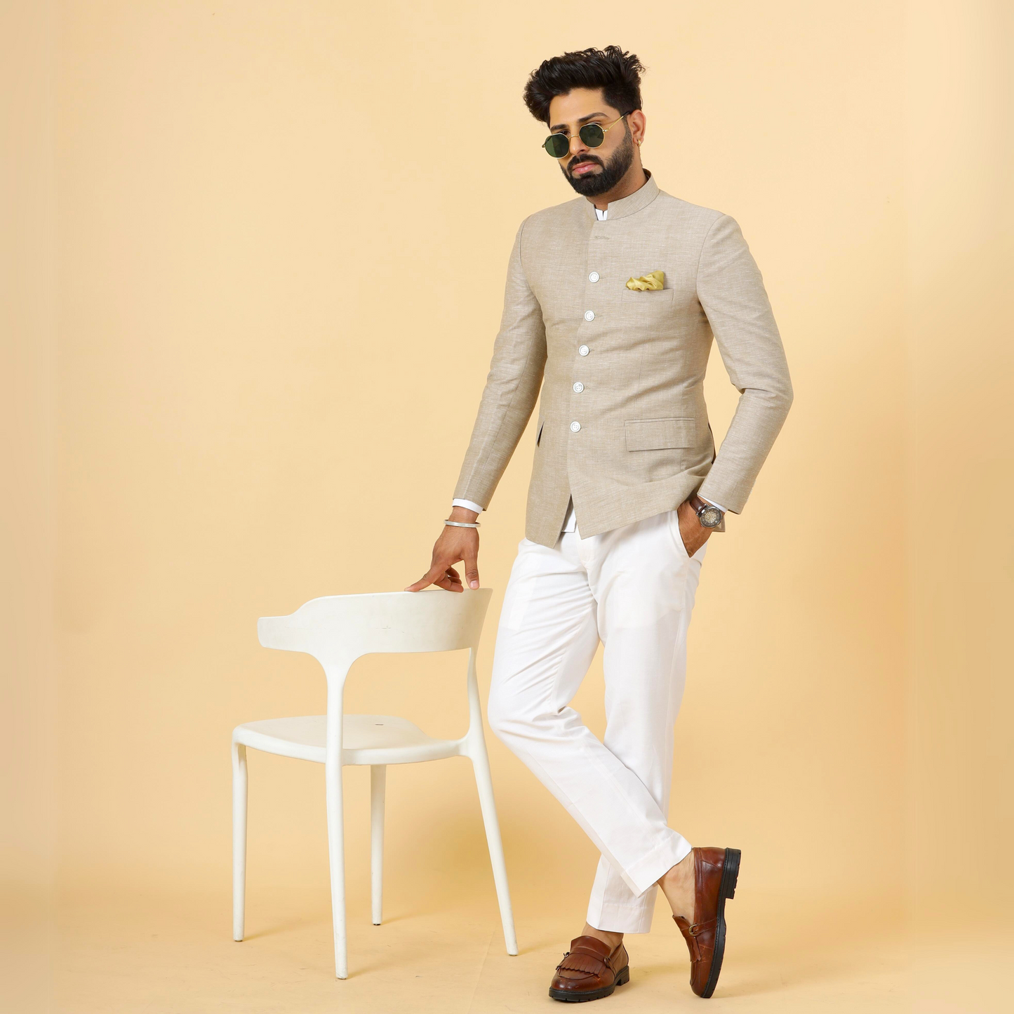 Bespoke Camel Brown Linen Jodhpuri Bandhgala Suit For Men | White Trouser |