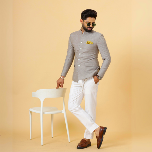 Bespoke Cocoa Brown Linen Jodhpuri Bandhgala Suit For Men | White Trouser |